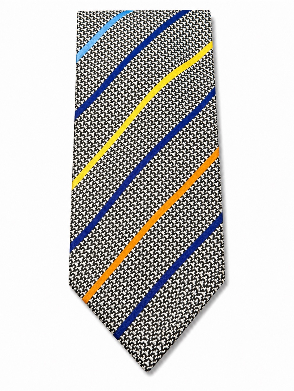 XMI Platinum Striped Houndstooth Silk Tie in Black, Blue, Yellow & Orange